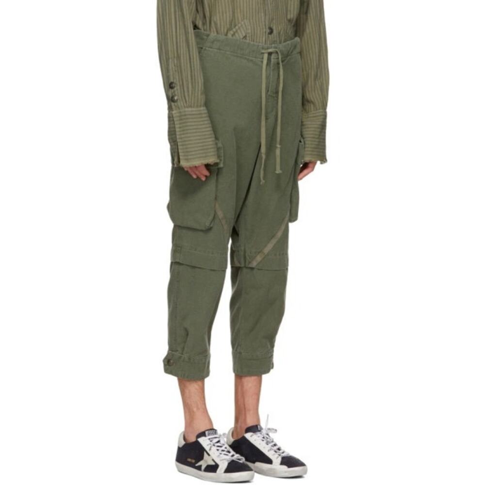 Nwot GREG LAUREN Pants Men 1/S Green Cargo Cropped Drawstring Button-Fly “Baker”